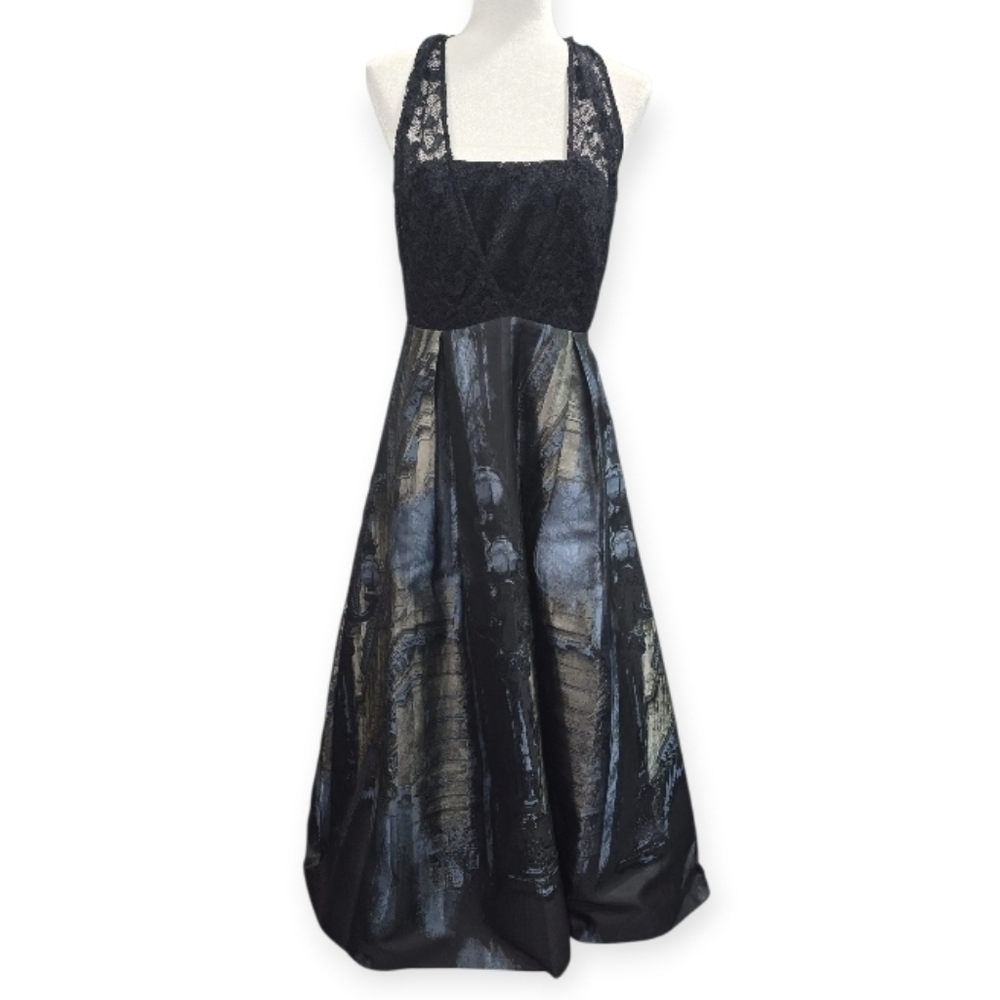 Samuel Dong Lace & Taffeta City Scape Tea Length Cocktail Dress. Size Medium